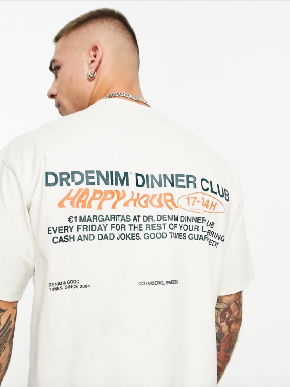 ASOS Dr Denim Trooper relaxed T-shirt with happy hour print (Off white, size M)